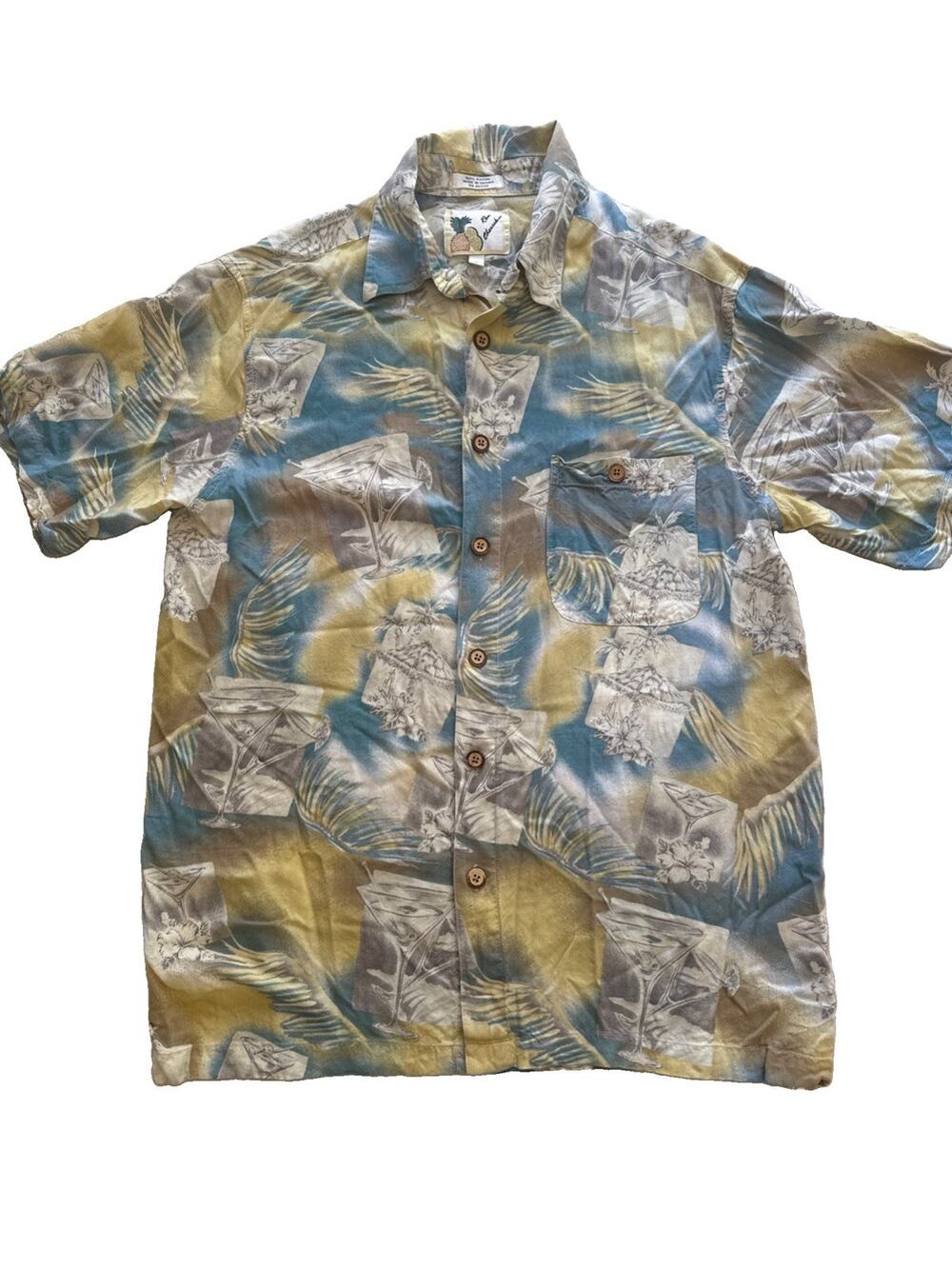 Vintage Ron Chereskin L Rayon Hawaiian Aloha Shirt Cocktail Martini Palm Camp